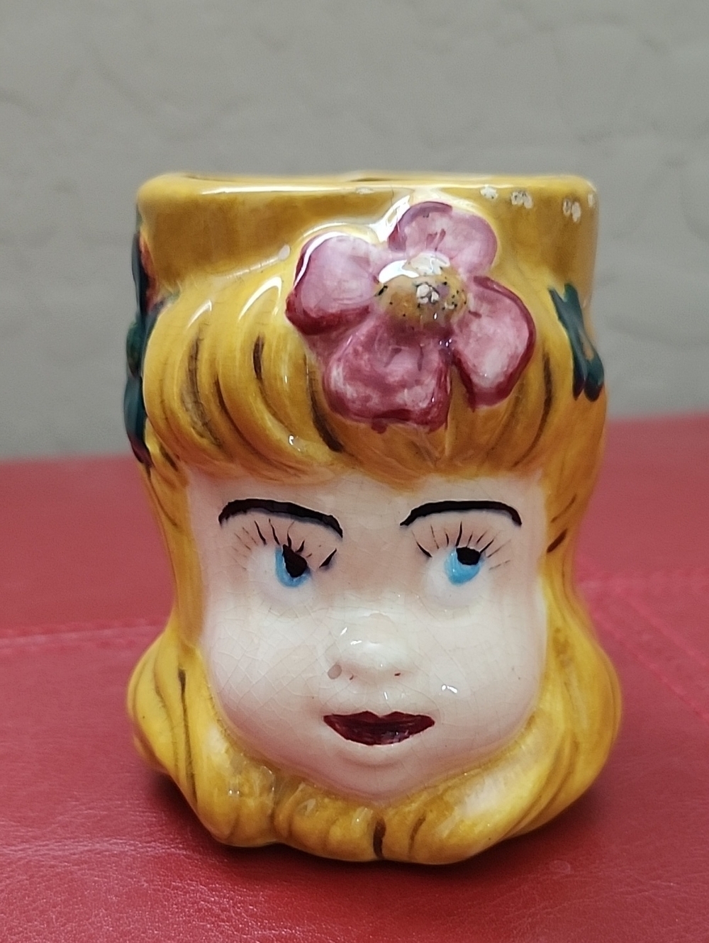 Vintage Ceramic Girl Head Vase with Pink Flower